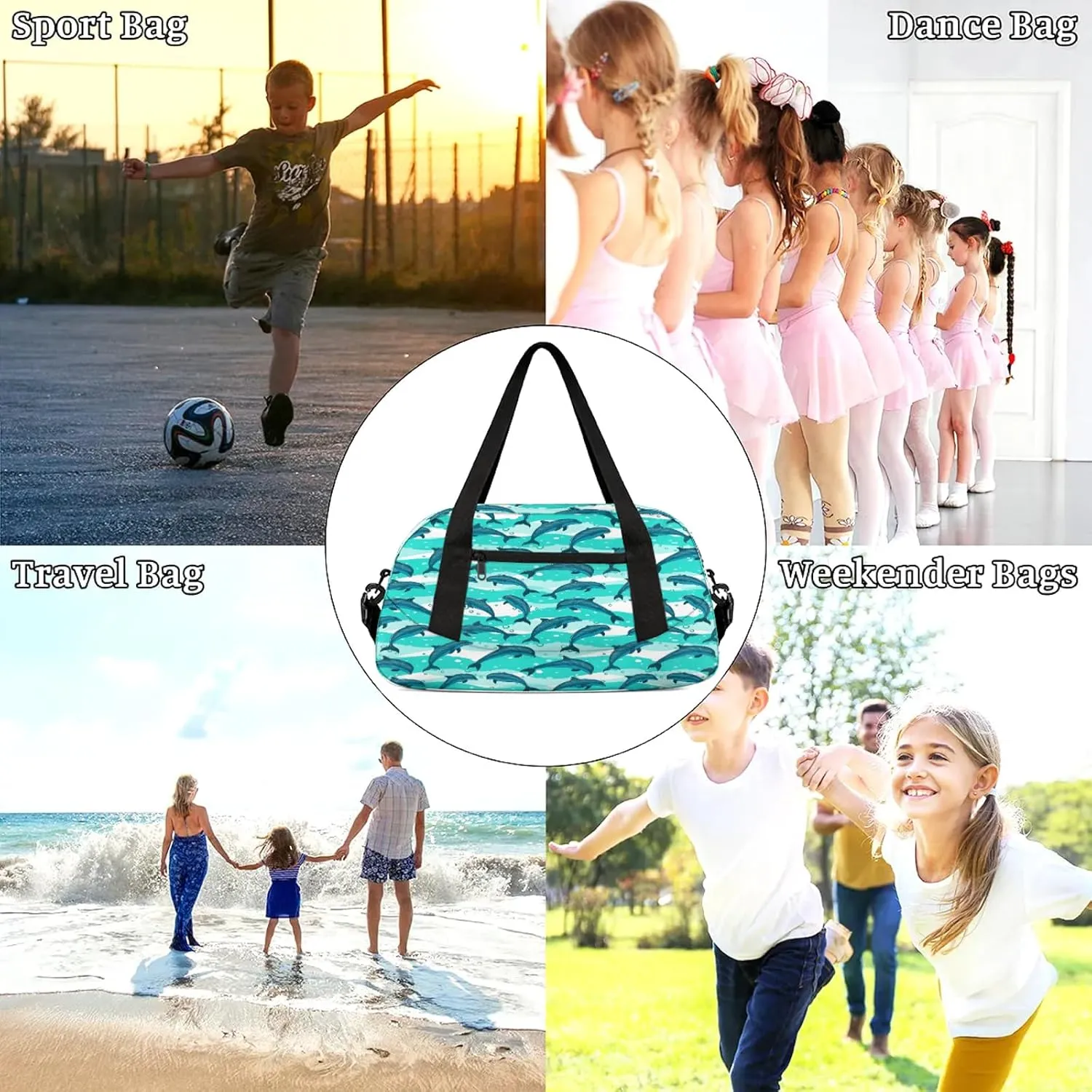 Cartoon Dolphin Pattern Kids Duffel Bag Lightweight Waterproof Sports Gym Bag with Front Zipper Pocket Foldable Weekender Overnight Bag for School Practice Gymnastic Ballet