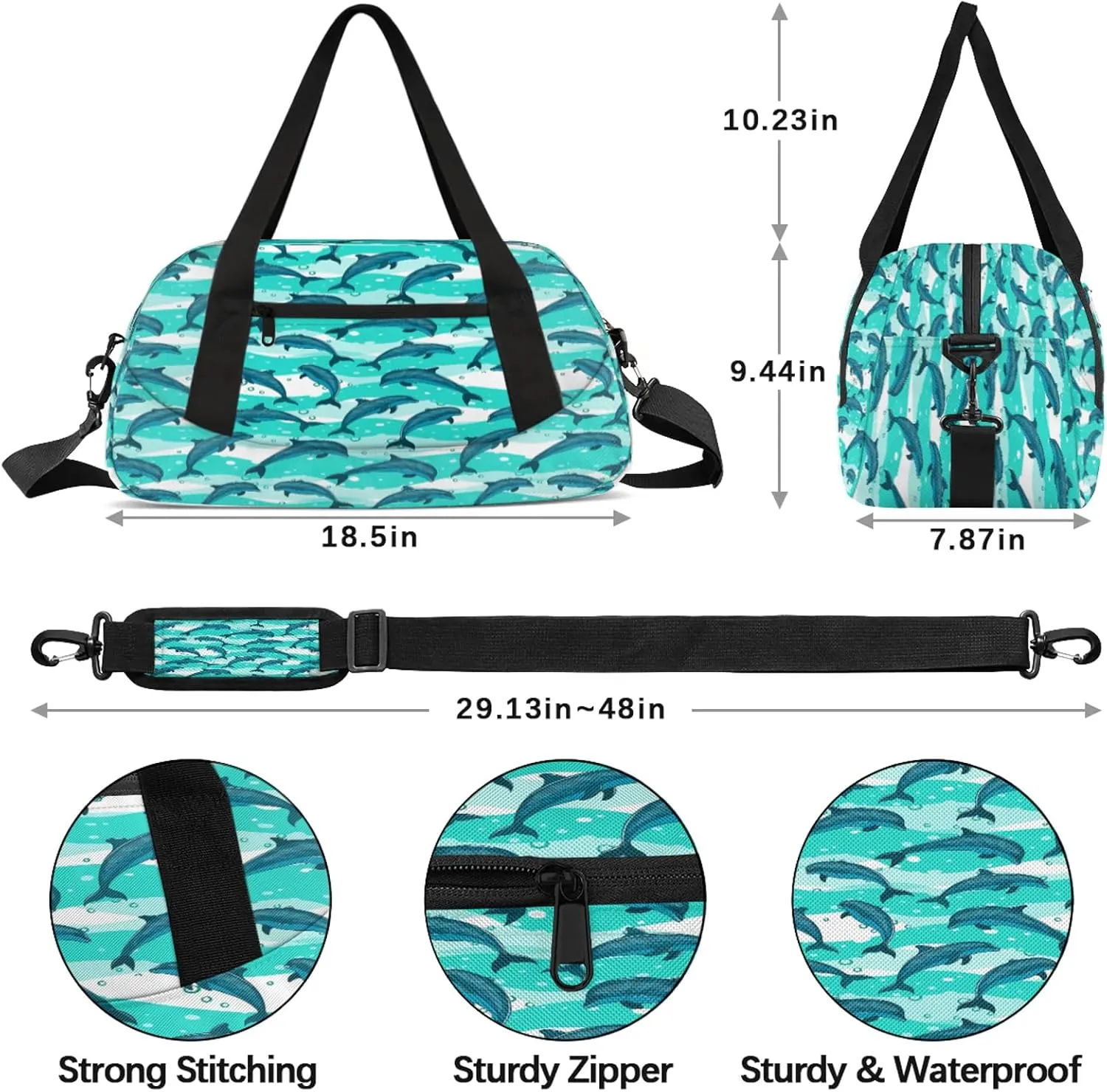 Cartoon Dolphin Pattern Kids Duffel Bag Lightweight Waterproof Sports Gym Bag with Front Zipper Pocket Foldable Weekender Overnight Bag for School Practice Gymnastic Ballet