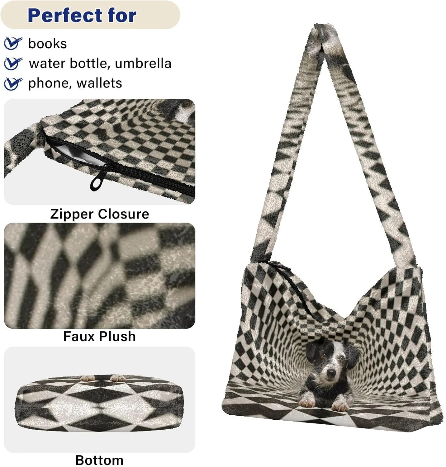 Cartoon Probe Black and White Bulldog Women Shoulder Bag Tote, Plush Tote Bag Women, Womens Outdoor Bag