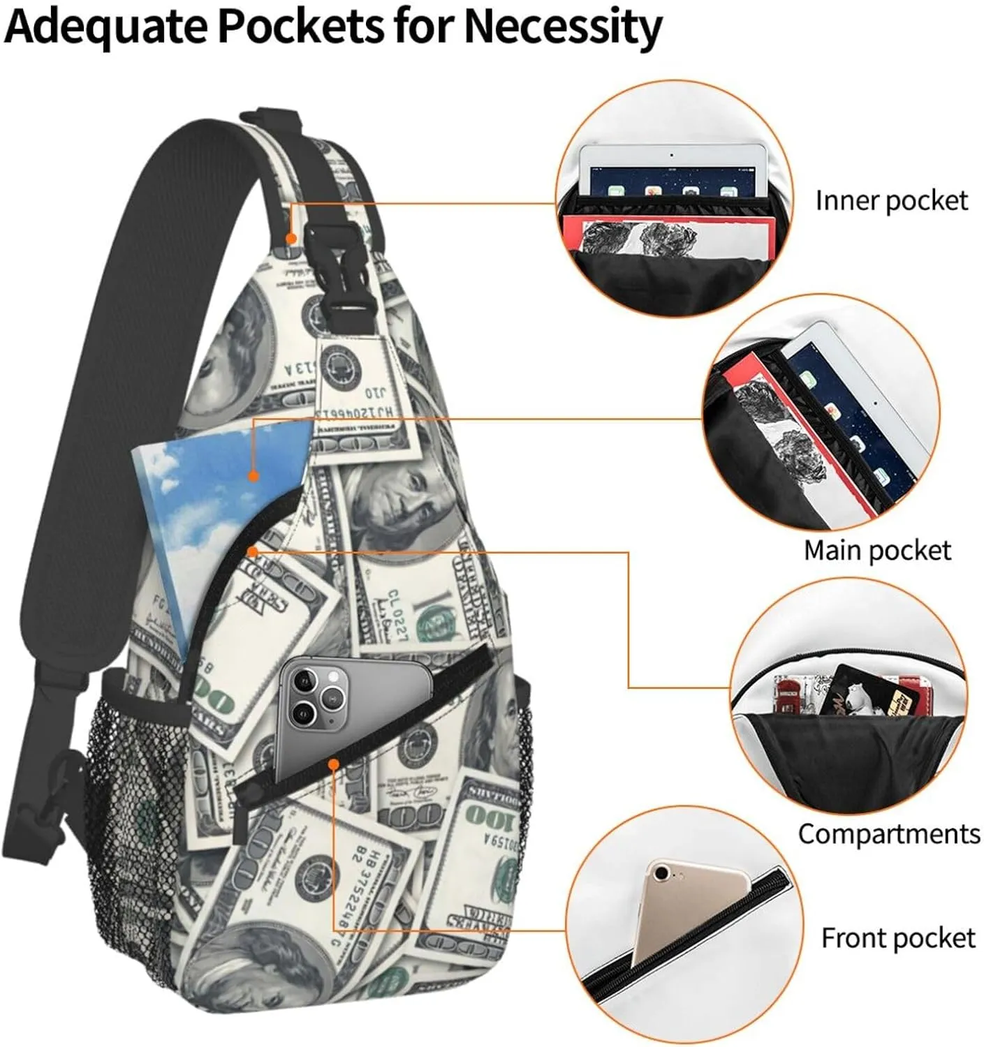 Cash US Dollar Sling Bag Adjustable Crossbody Bag Casual Chest Bags Travel Shoulder Backpack For Women Men