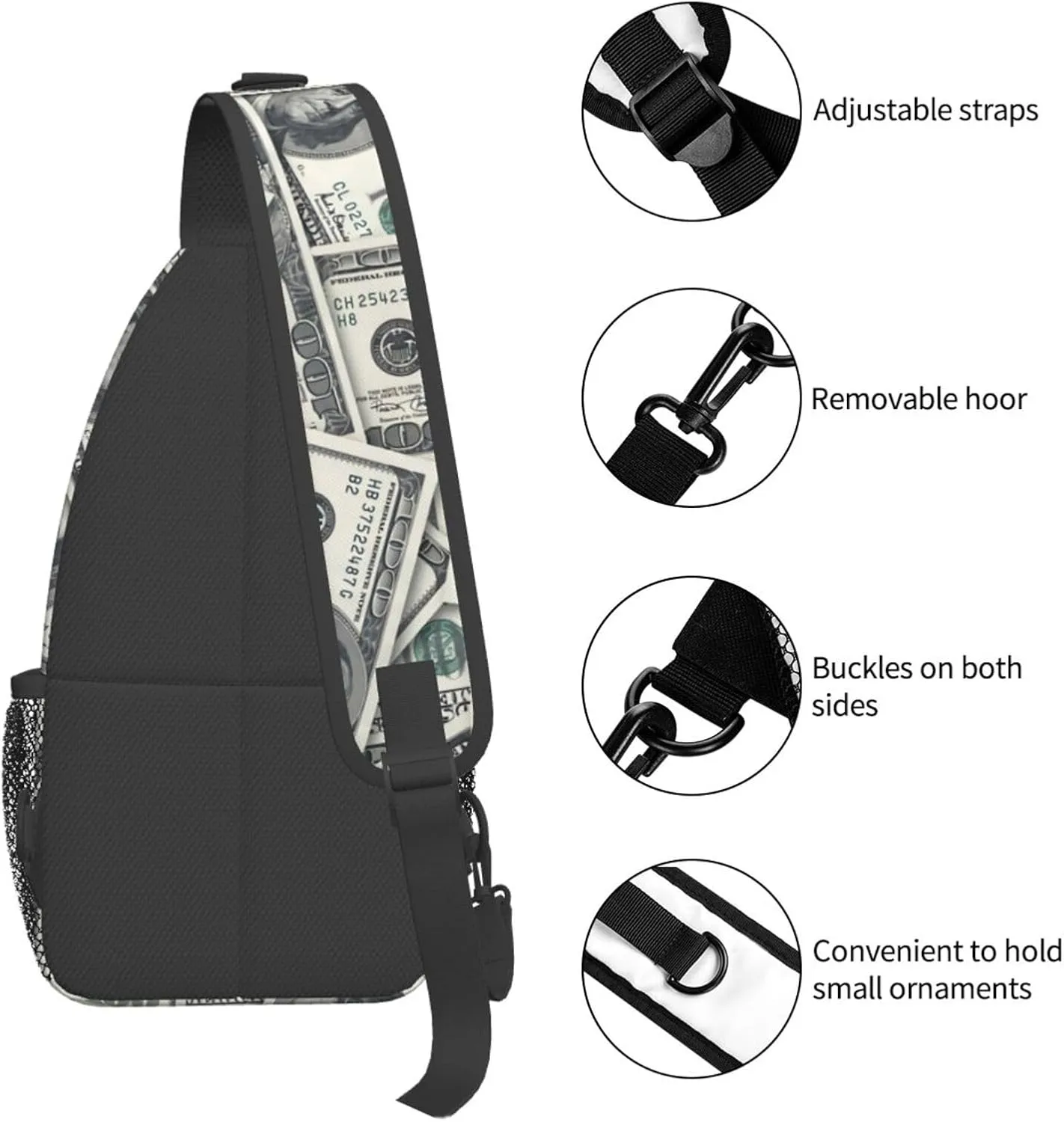 Cash US Dollar Sling Bag Adjustable Crossbody Bag Casual Chest Bags Travel Shoulder Backpack For Women Men