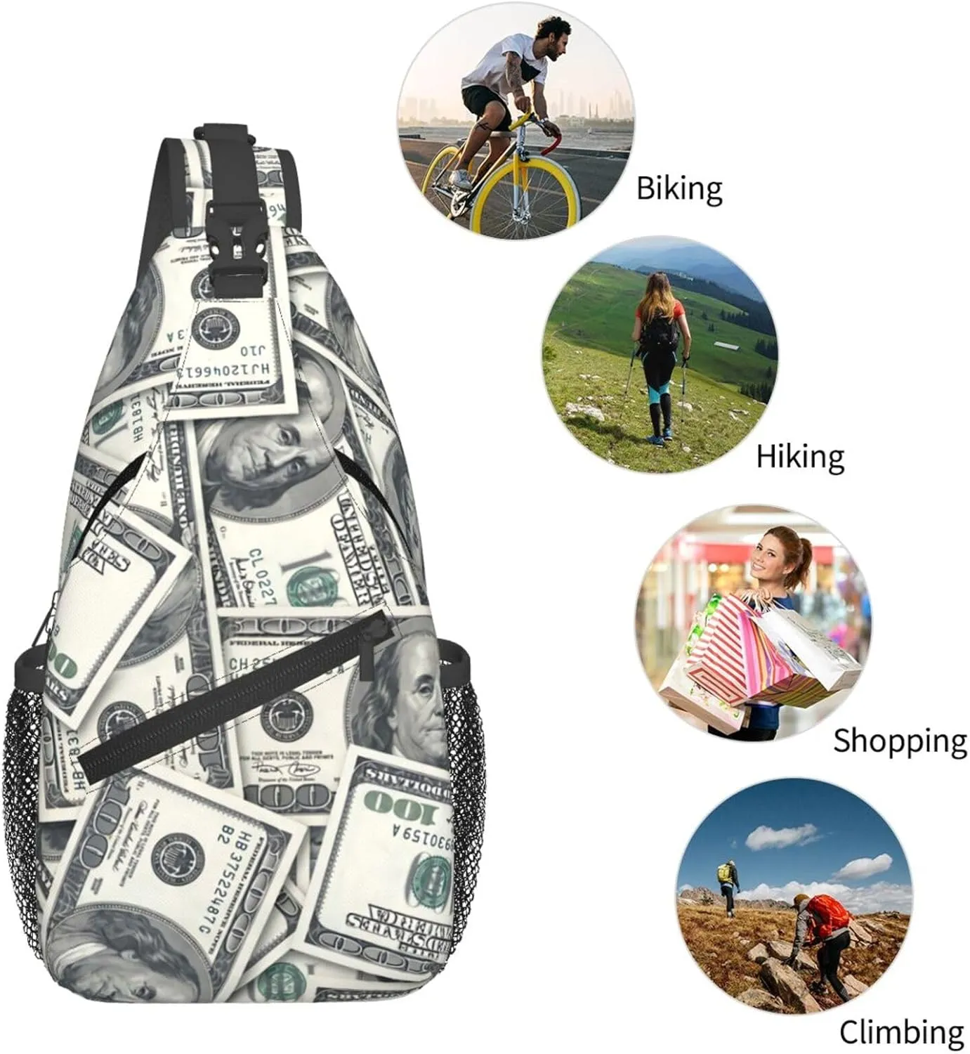 Cash US Dollar Sling Bag Adjustable Crossbody Bag Casual Chest Bags Travel Shoulder Backpack For Women Men