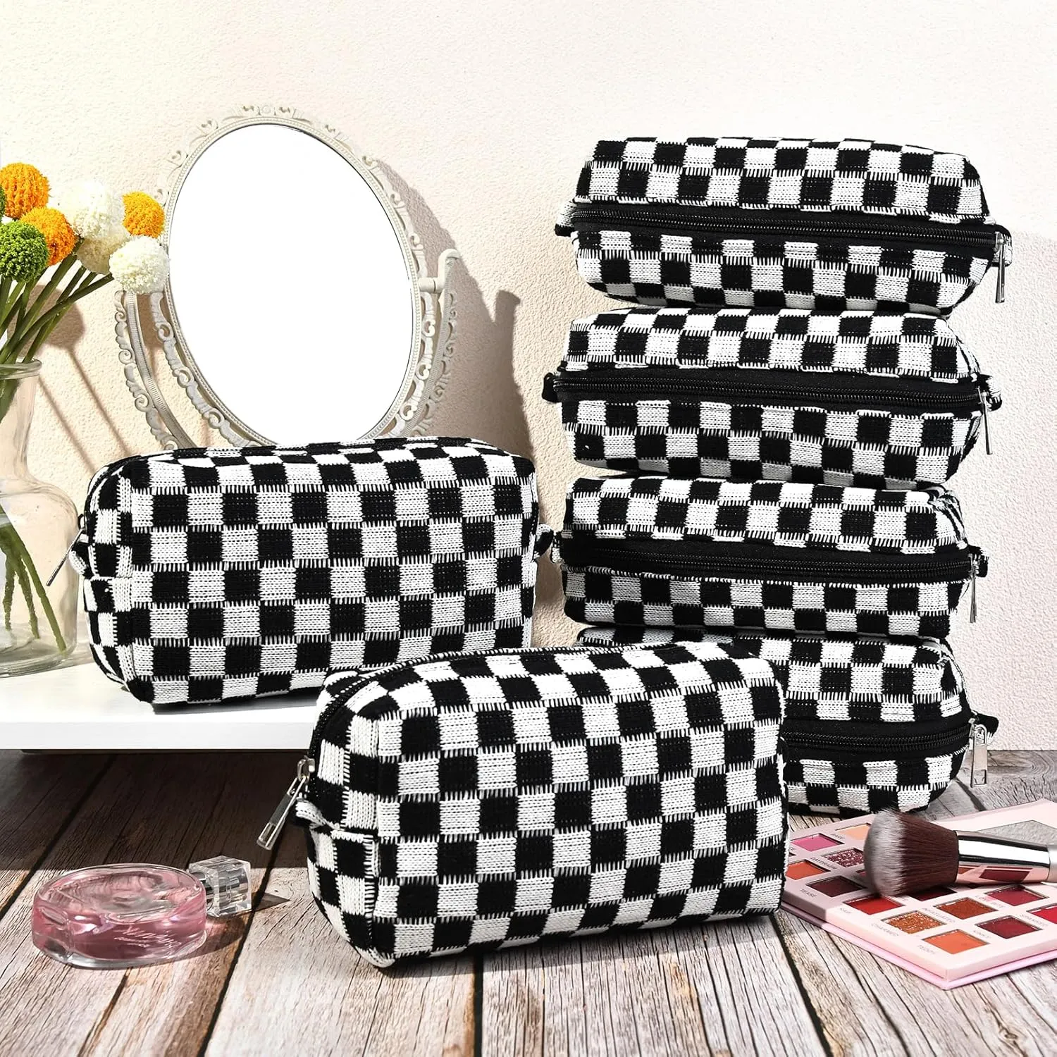 Checkered Makeup Bag Preppy Cosmetic Bag Bulk Black Makeup Pouch Personalize Travel Toiletry Bag Organizer Cute DIY Makeup Brushes Storage Bag for Women