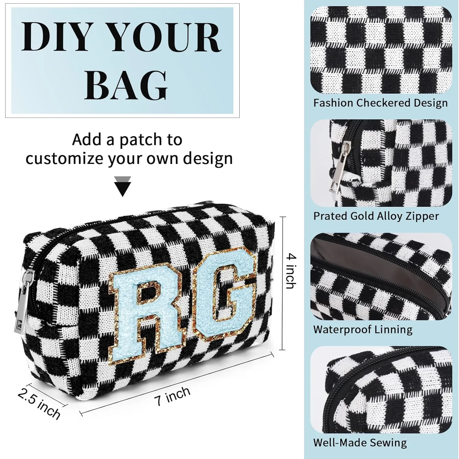 Checkered Makeup Bag Preppy Cosmetic Bag Bulk Black Makeup Pouch Personalize Travel Toiletry Bag Organizer Cute DIY Makeup Brushes Storage Bag for Women