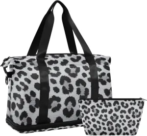 Cheetah Fur Skin Grey Travel Tote Gym Bag Weekender Bag with Adjustable Strap for Trip 2 Pcs Set