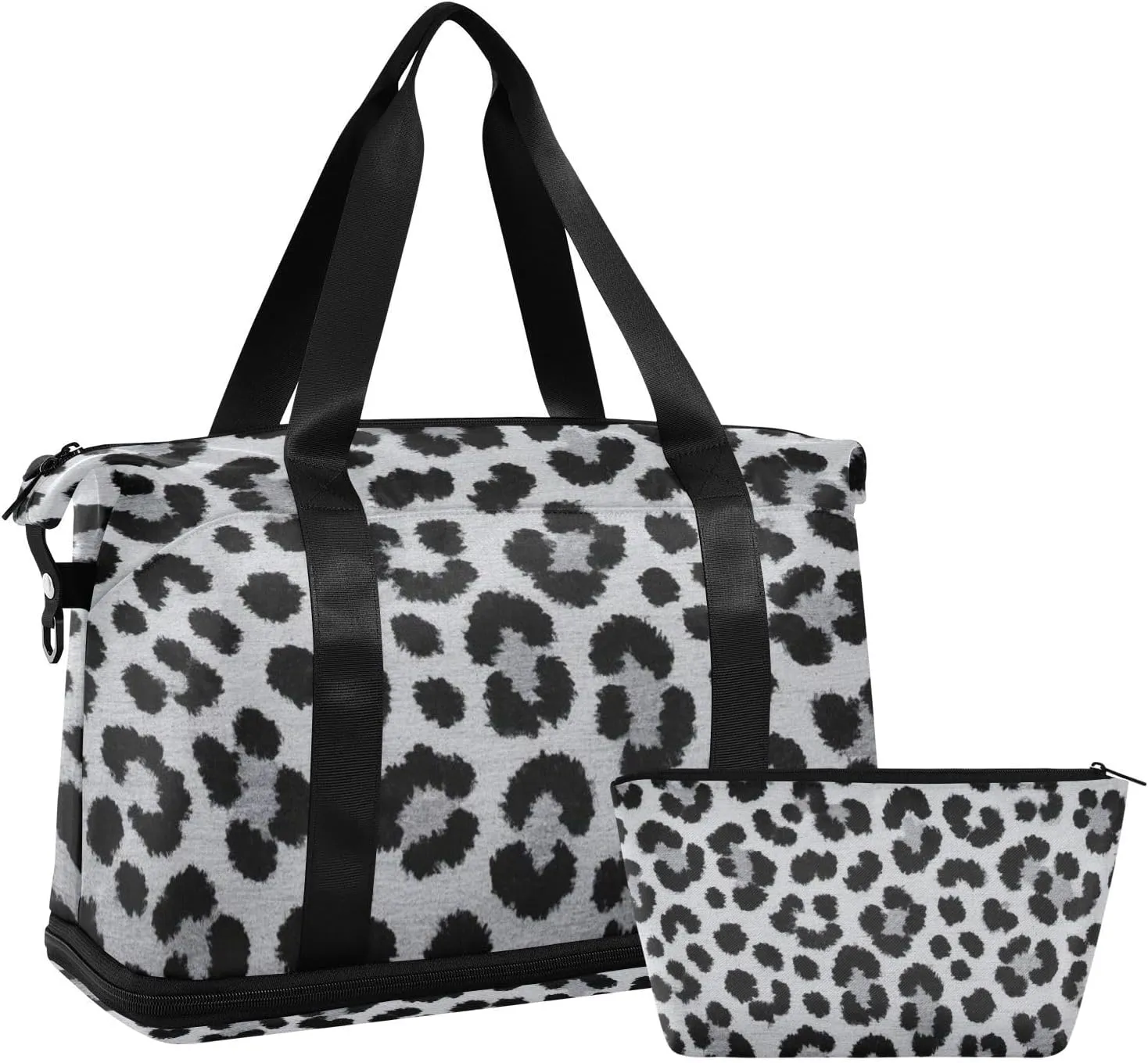 Cheetah Fur Skin Grey Travel Tote Gym Bag Weekender Bag with Adjustable Strap for Trip 2 Pcs Set