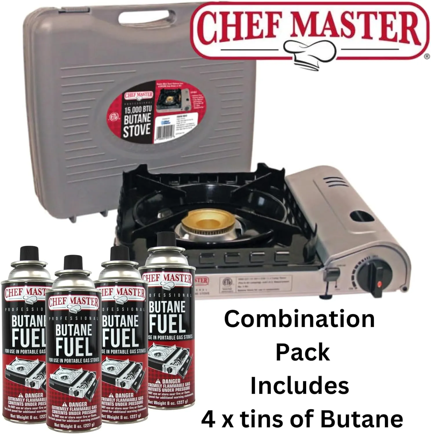 Chef Master 15,000 BTU Portable Butane Camping Stove COMBO with 4 x 8oz. Butane Fuel Canister, Double Wind-Guard Portable Stove Burner for Emergency, Road Trip, Backpacking & Camping Essential - 90019