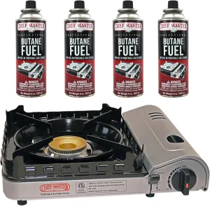 Chef Master 15,000 BTU Portable Butane Camping Stove COMBO with 4 x 8oz. Butane Fuel Canister, Double Wind-Guard Portable Stove Burner for Emergency, Road Trip, Backpacking & Camping Essential - 90019