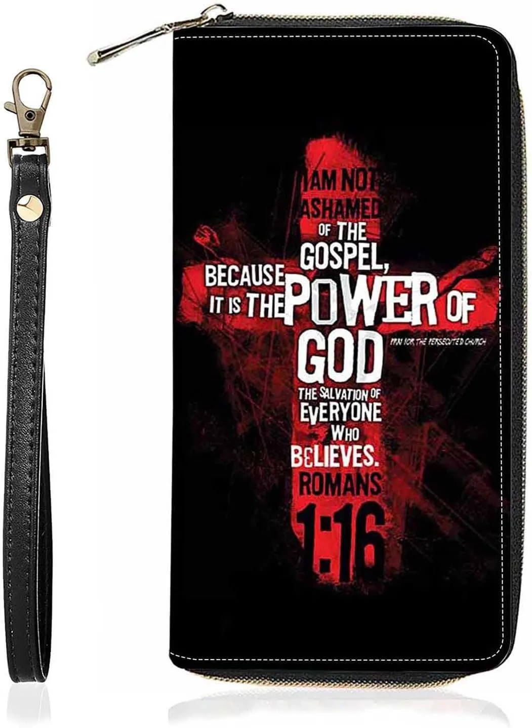 Christian Cross Bible Verse Quotes Romans 1:16 Print Wallet for Women Large Capacity Wallet Credit Card Holder PU Leather Zipper Clutch Purse Phone Wallet