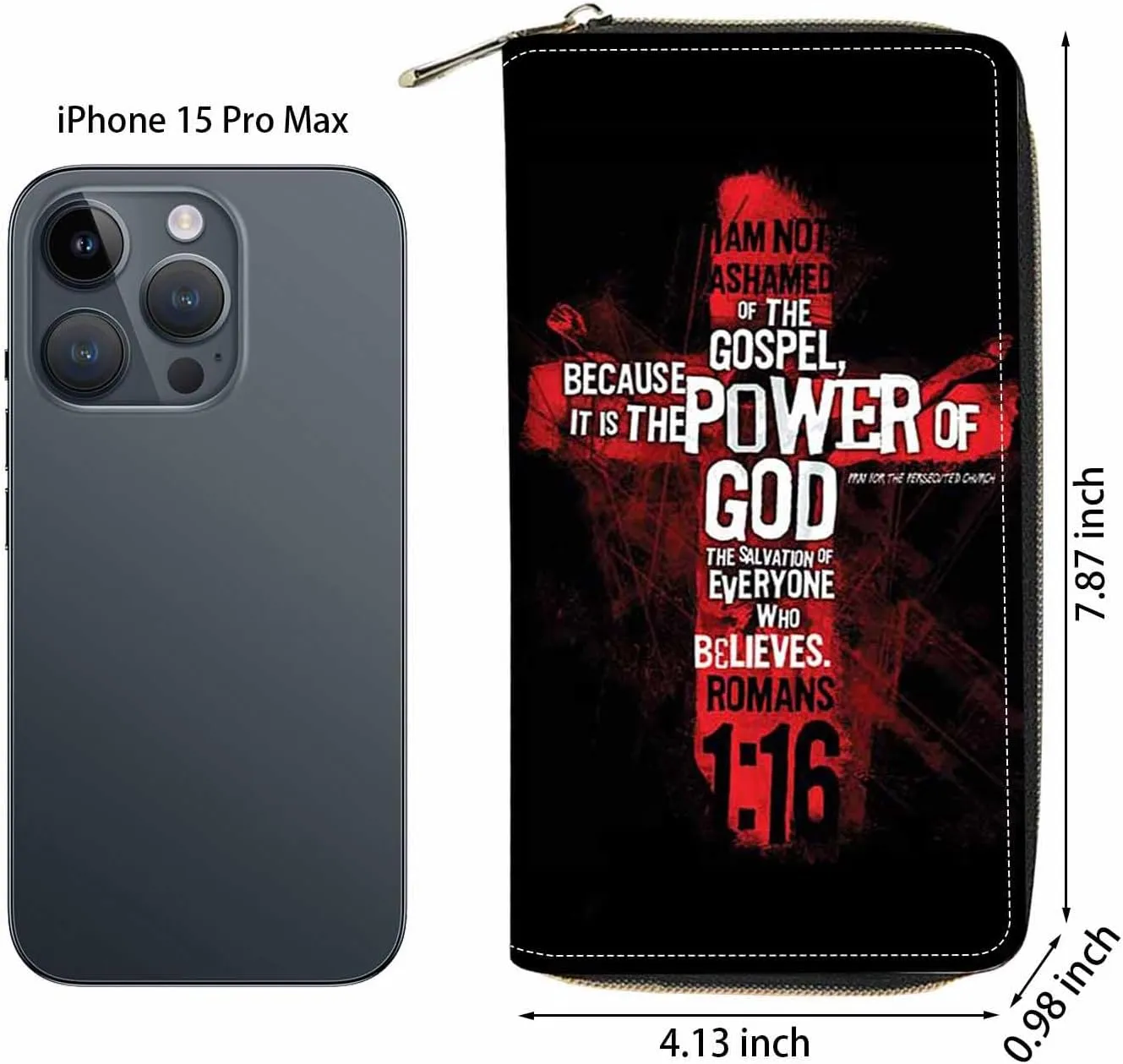 Christian Cross Bible Verse Quotes Romans 1:16 Print Wallet for Women Large Capacity Wallet Credit Card Holder PU Leather Zipper Clutch Purse Phone Wallet