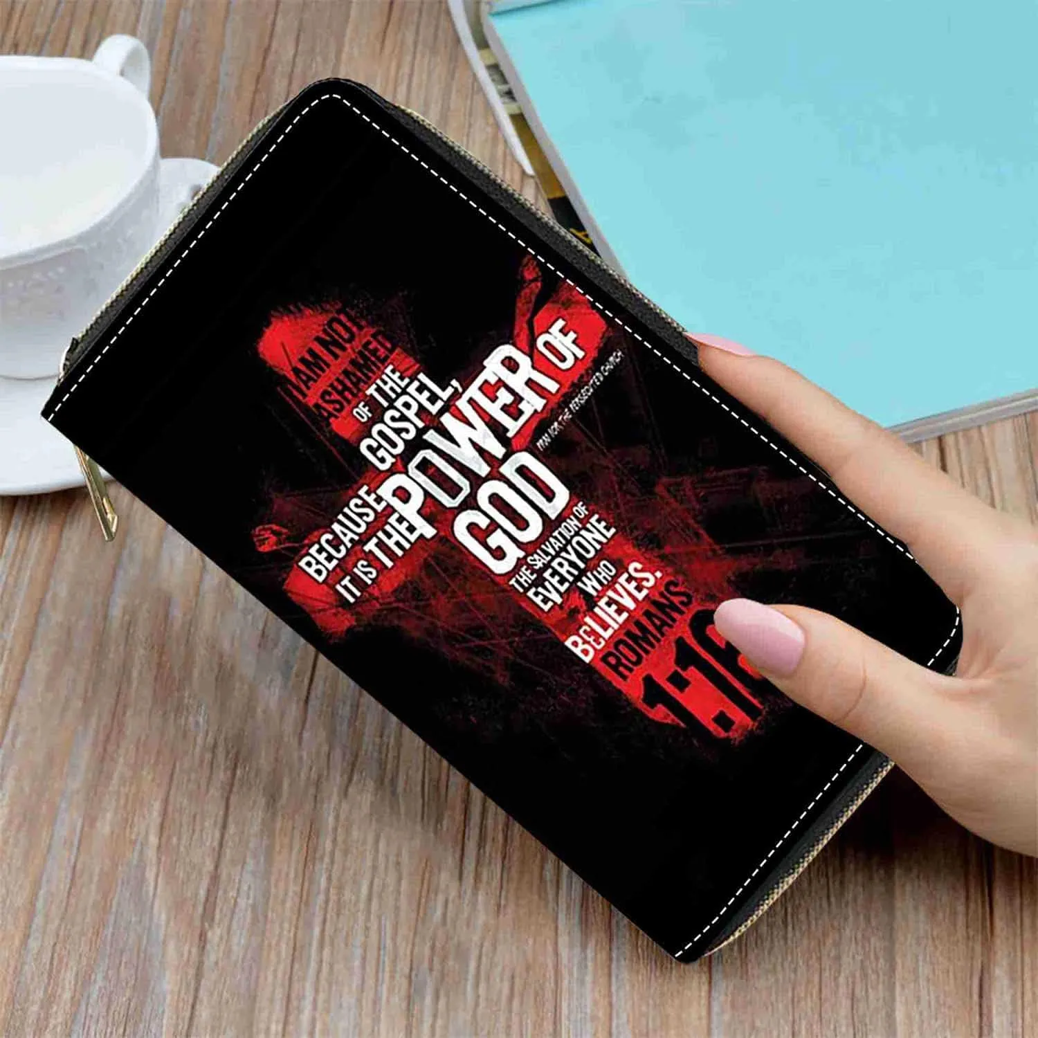 Christian Cross Bible Verse Quotes Romans 1:16 Print Wallet for Women Large Capacity Wallet Credit Card Holder PU Leather Zipper Clutch Purse Phone Wallet