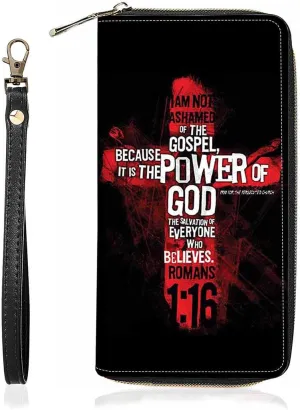 Christian Cross Bible Verse Quotes Romans 1:16 Print Wallet for Women Large Capacity Wallet Credit Card Holder PU Leather Zipper Clutch Purse Phone Wallet