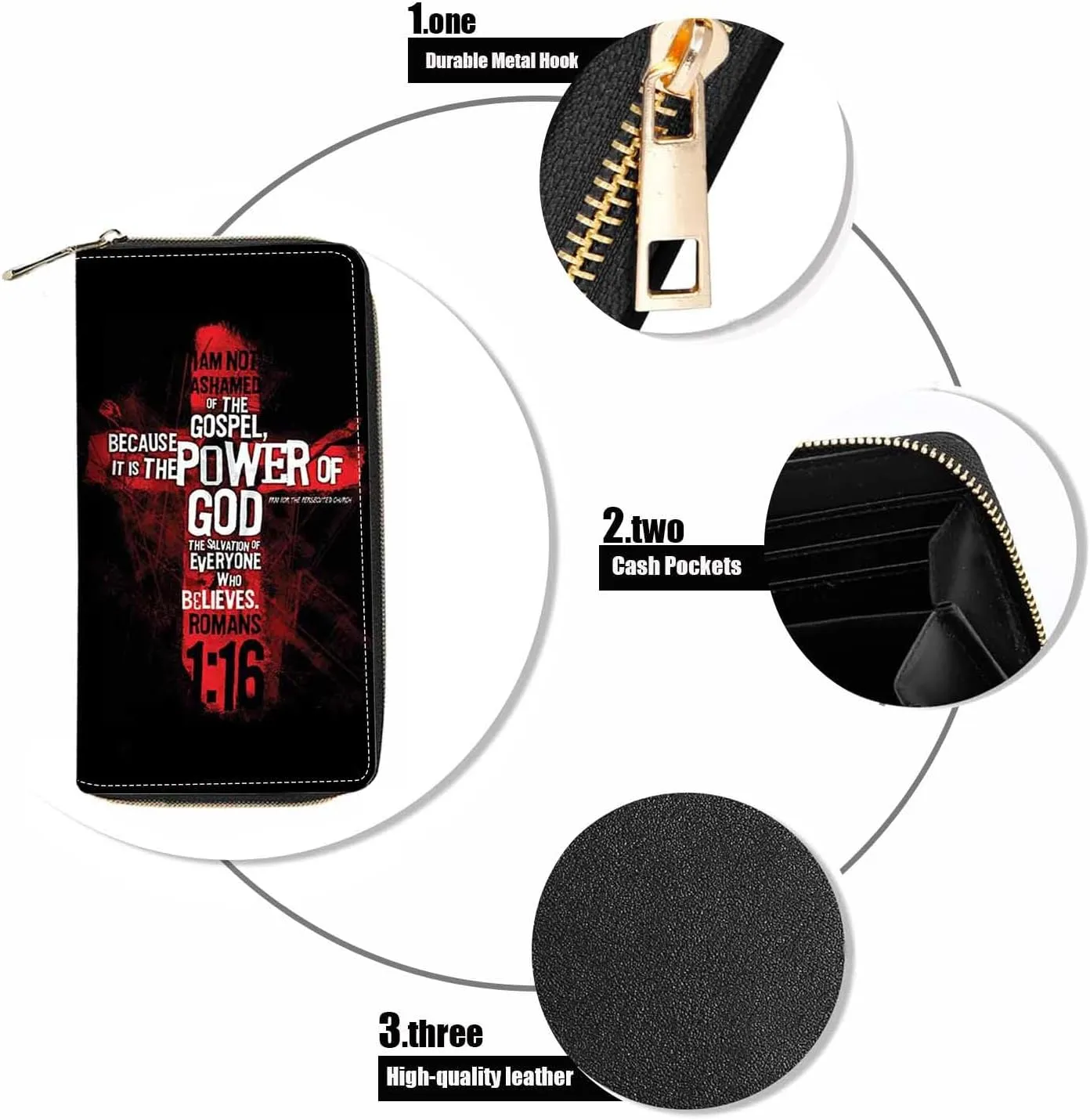 Christian Cross Bible Verse Quotes Romans 1:16 Print Wallet for Women Large Capacity Wallet Credit Card Holder PU Leather Zipper Clutch Purse Phone Wallet