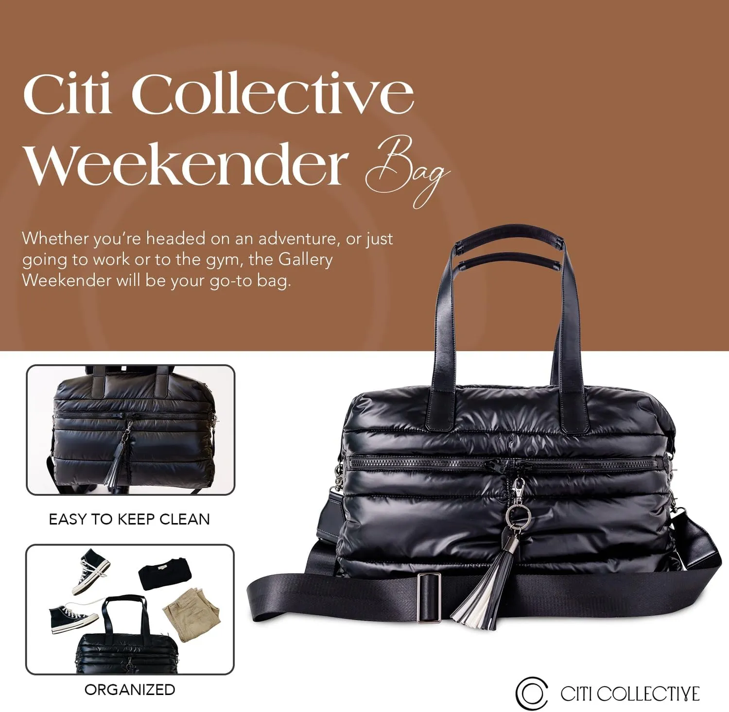 Citi Collective Gallery Weekender Bags for Women-Black | Versatile Work Bag | Travel Bag with Adjustable Straps for women | Laptop sleeve inside comes with bonus shoe bag & more