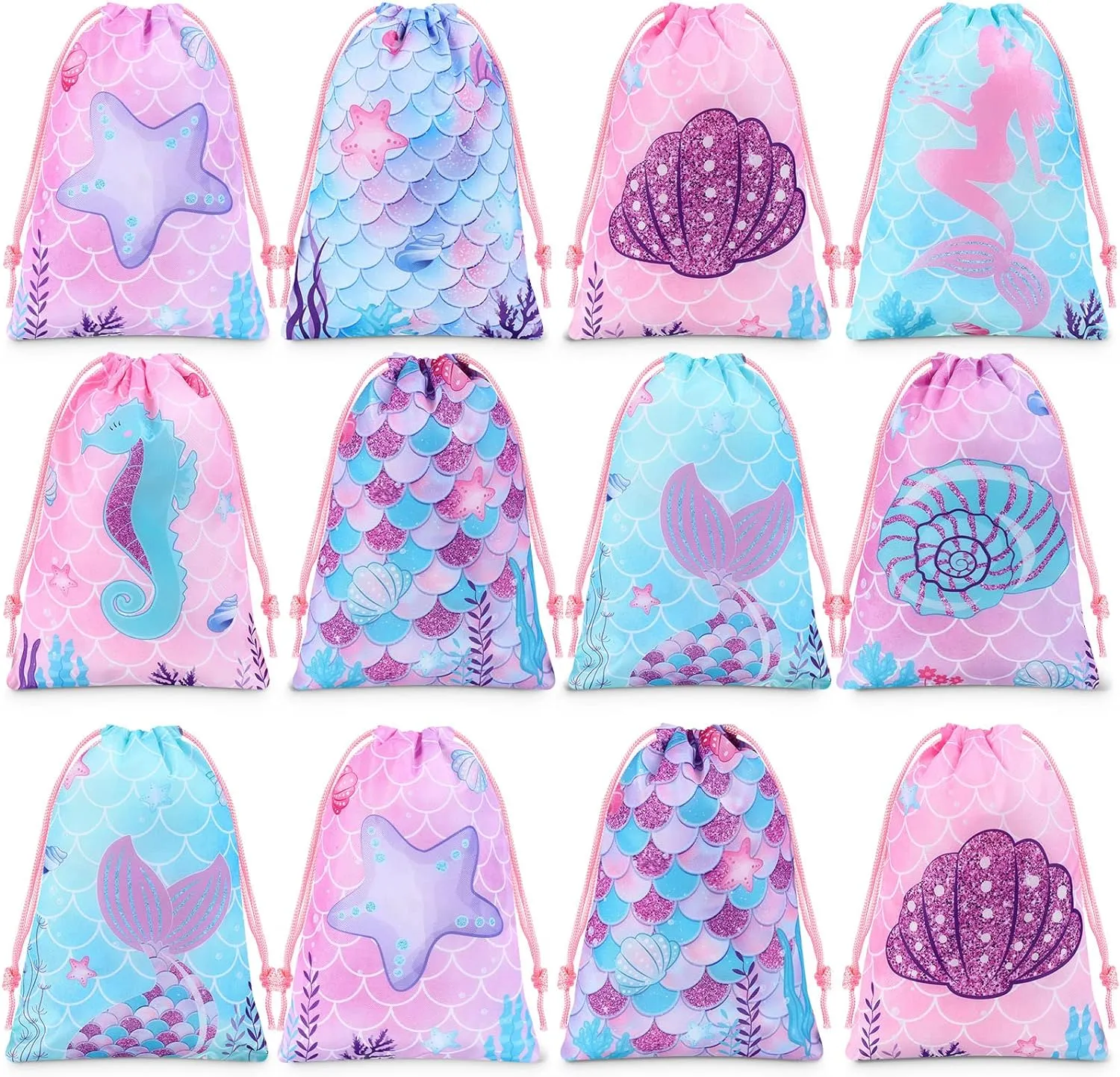 Clabby 24 Pcs Mermaid Party Drawstring Bag Mermaid Theme Favor Birthday Candy Gifts Bags for Girls Birthday Party Supplies Decor, 10 x 7 Inch