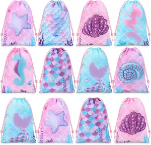 Clabby 24 Pcs Mermaid Party Drawstring Bag Mermaid Theme Favor Birthday Candy Gifts Bags for Girls Birthday Party Supplies Decor, 10 x 7 Inch