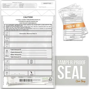 Clear Bank Deposit Bags Plastic with Bank Slips 9 x 12 inches, Money Deposit Bag with Sequential Barcodes, Tamper Proof Bags 100 pcs Temper Evident Register Bag for Cheques, Currency Handling