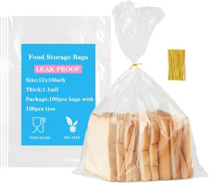 Clear Flat Open Poly Bags,100pcs Food Storage Bags with 100pcs Twist Ties, 1.1Mil Plastic Bag For Packaging,Storage Food, Proving Bread, Gift Wrap, and More.(12x16Inch)
