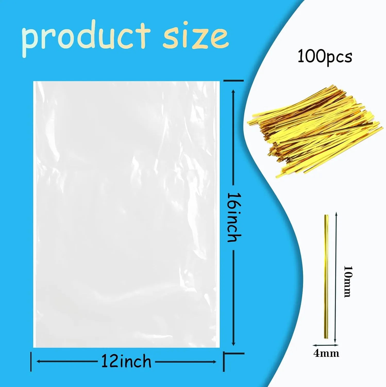 Clear Flat Open Poly Bags,100pcs Food Storage Bags with 100pcs Twist Ties, 1.1Mil Plastic Bag For Packaging,Storage Food, Proving Bread, Gift Wrap, and More.(12x16Inch)