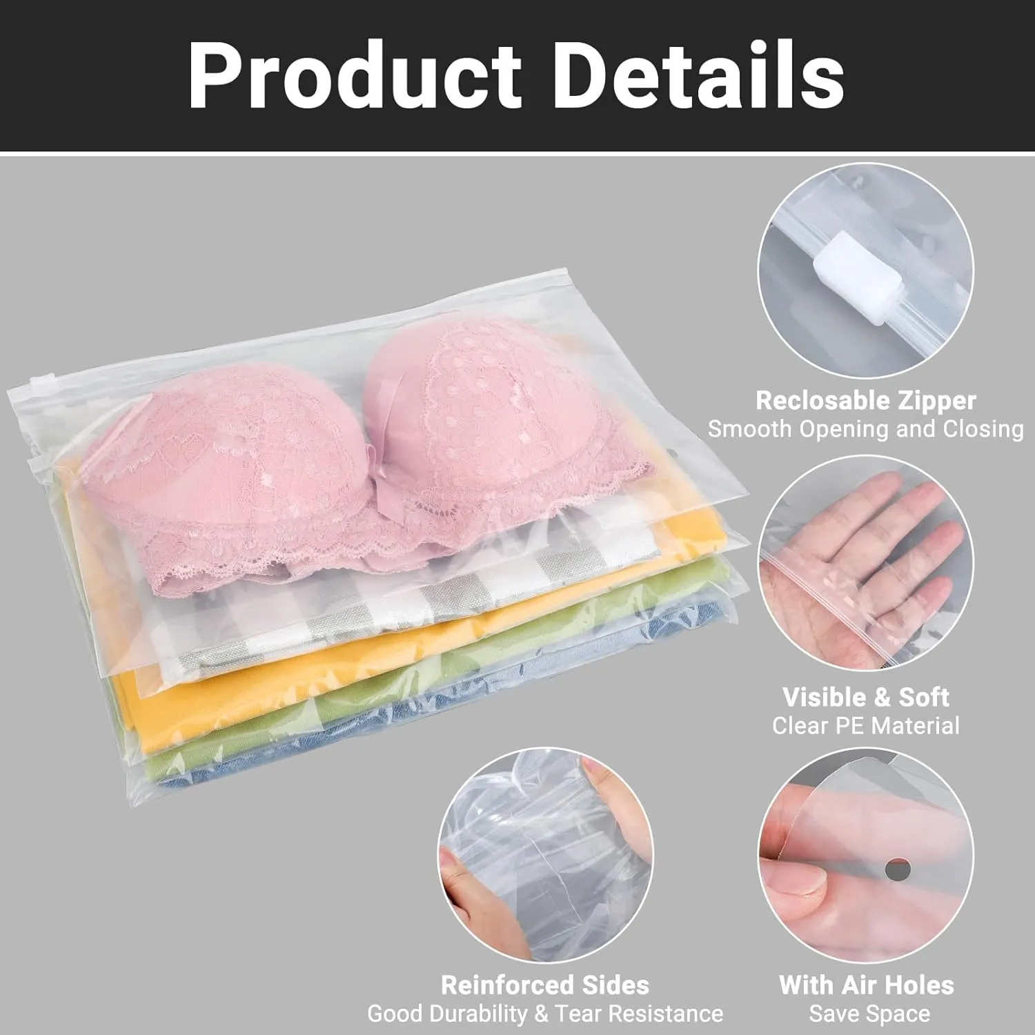 Clear Swimsuit Organizer Bags, Ziplock Bags for Clothes, Bikini, Swimwear, Bathing Suit Storage, T Shirt Packaging, 12x8 inch, Pack of 25, 3 Mil with Vent Holes