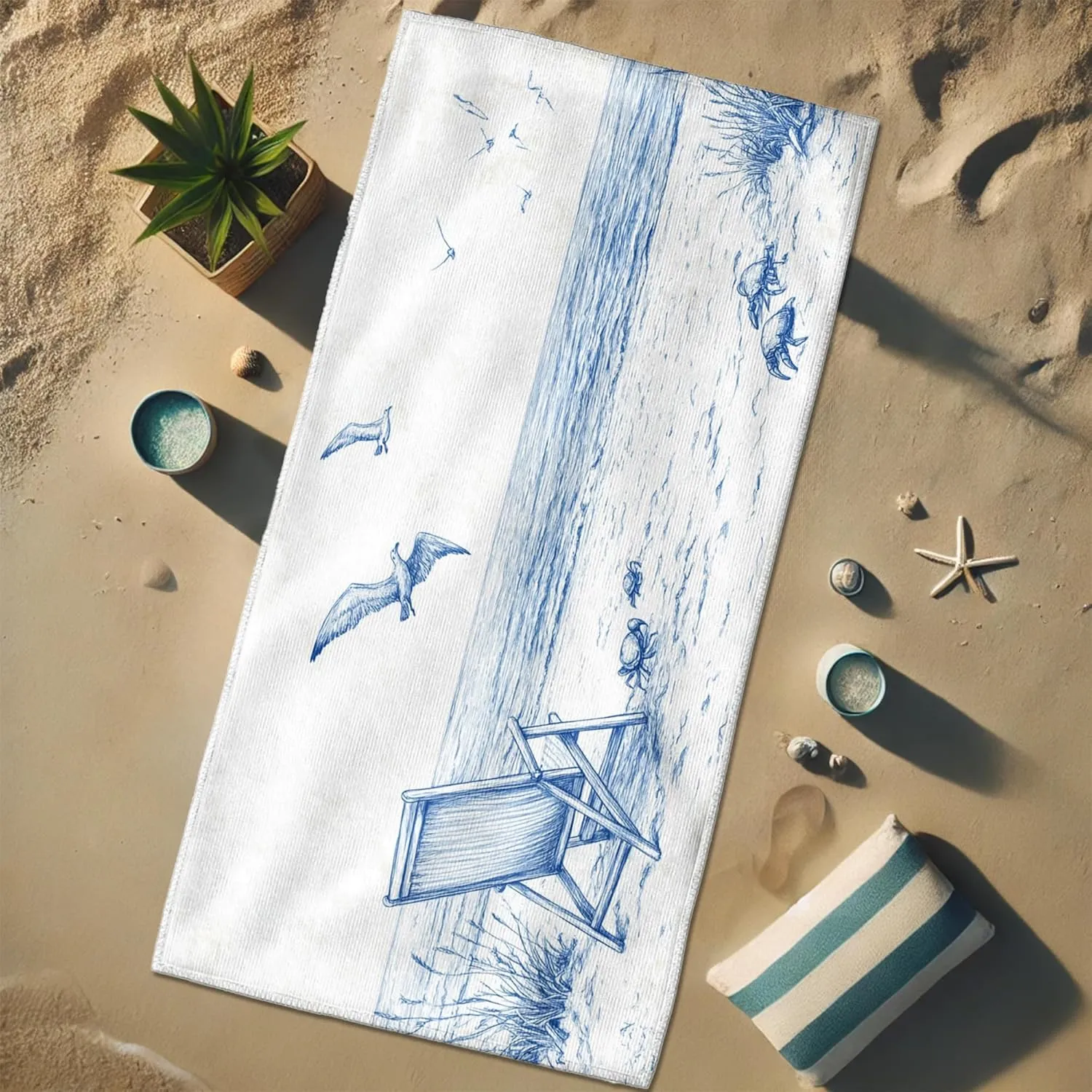 Coastal Dream Microfiber Beach Towel Blue Seaside Chair Design, Quick Dry Absorbent Sand Free Lightweight Towel, Ideal for Vacation Picnic Travel Pool Outdoor Essentials 62x31 Inch