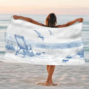 Coastal Dream Microfiber Beach Towel Blue Seaside Chair Design, Quick Dry Absorbent Sand Free Lightweight Towel, Ideal for Vacation Picnic Travel Pool Outdoor Essentials 62x31 Inch