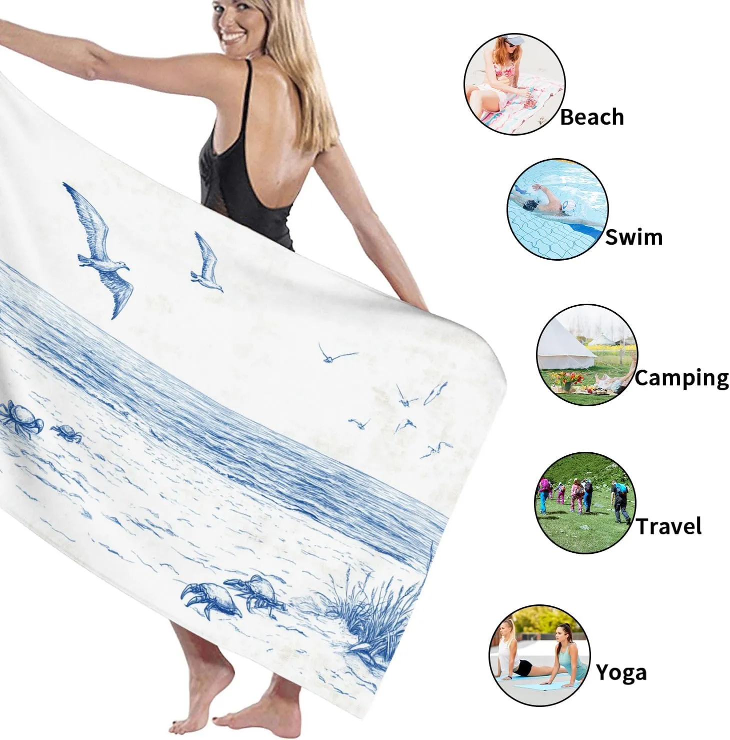 Coastal Dream Microfiber Beach Towel Blue Seaside Chair Design, Quick Dry Absorbent Sand Free Lightweight Towel, Ideal for Vacation Picnic Travel Pool Outdoor Essentials 62x31 Inch