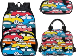 Colorful Car Shoulders Package Lunch Box Pen Bags for Kids Back to School Gift 3 Pcs Suitable for over 3 Years Old Child School Supplies