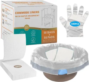 Commode Liners with Absorbent Pads | 50 Count Disposable Bags 50 Count Pads Universal Fit Most Standard Bedside Commode Chair Bucket | Portable Potty Liners | Camping Gel Bags | White
