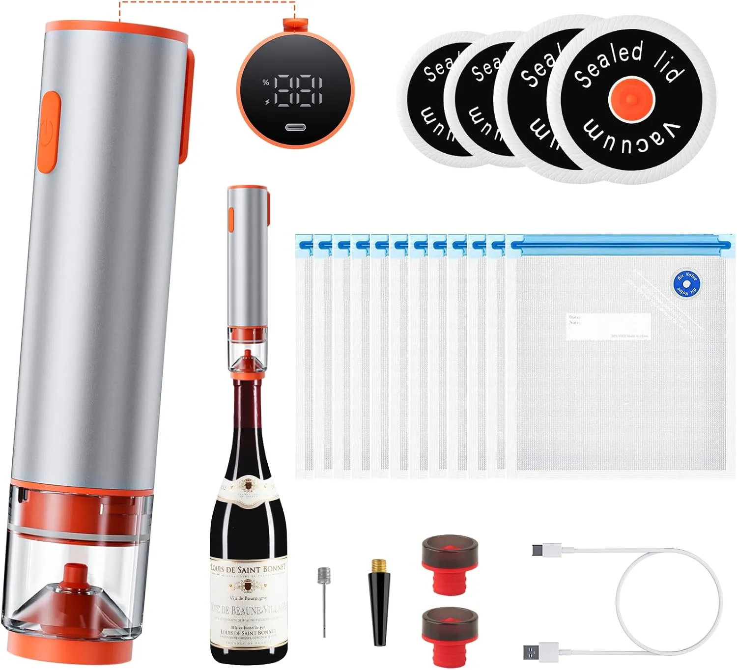Compact Handheld Vacuum Sealer for Food with Powerful Suction, 4 Mason Jar Silicone Lids, Aluminum Body, One-Touch Operation, 10 Sous Vide Bags, Kitchen Essentials for Meat, Wine, Sports Balls