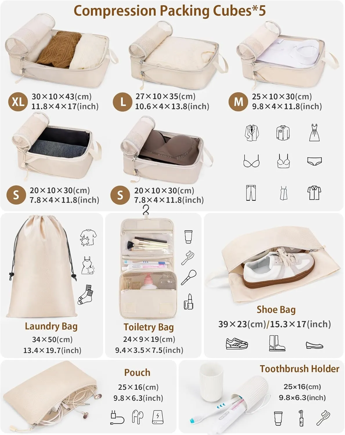 Compression Packing Cubes 10 Sets, Packing Organizers, Extensible Suitcase Organiser Bags, Travel Organizer Cubes for Travel Essentials Beige