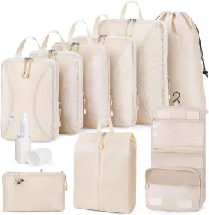 Compression Packing Cubes 10 Sets, Packing Organizers, Extensible Suitcase Organiser Bags, Travel Organizer Cubes for Travel Essentials Beige
