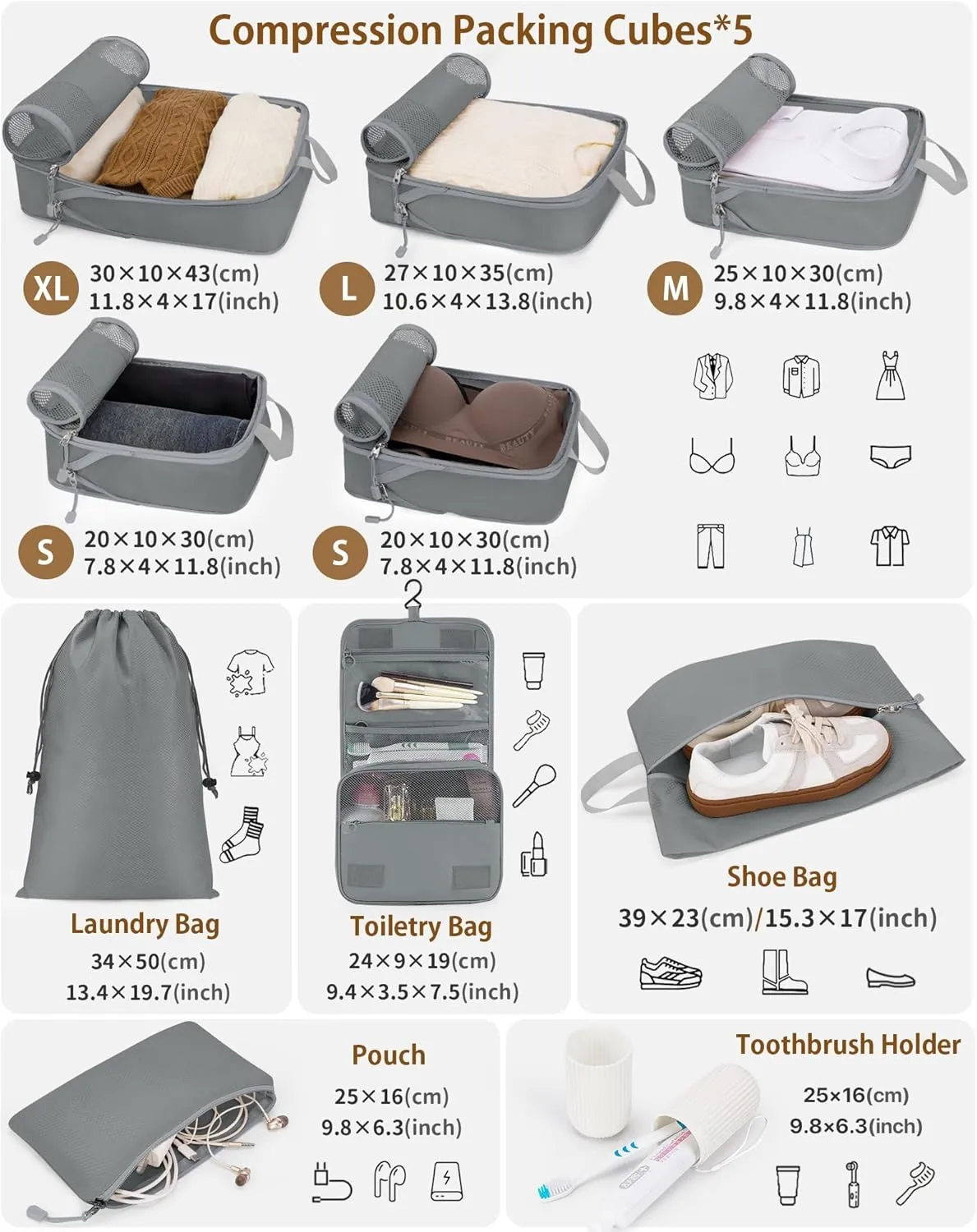 Compression Packing Cubes 10 Sets, Packing Organizers, Extensible Suitcase Organiser Bags, Travel Organizer Cubes for Travel Essentials Grey