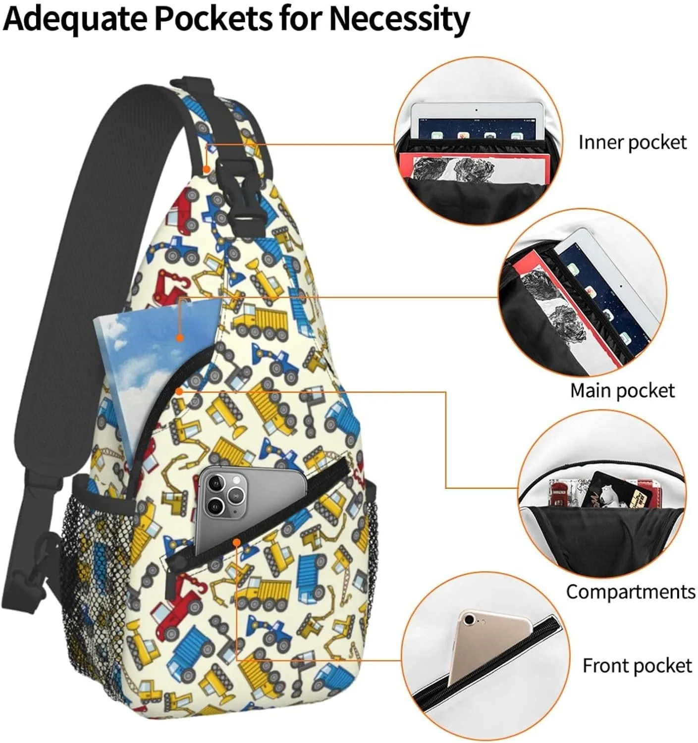 Construction Machinery Truck Crossbody Bag Adjustable Sling Bag Casual Chest Bags Travel Shoulder Backpack