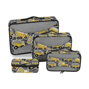 Construction Yellow Machinery with Truck Crane and Bulldozer 4 Set Packing Cubes, Travel Packing Organizers, 600D Oxford Cloth Toiletry Storage Bag, Luggage Mesh Bags for Accessories