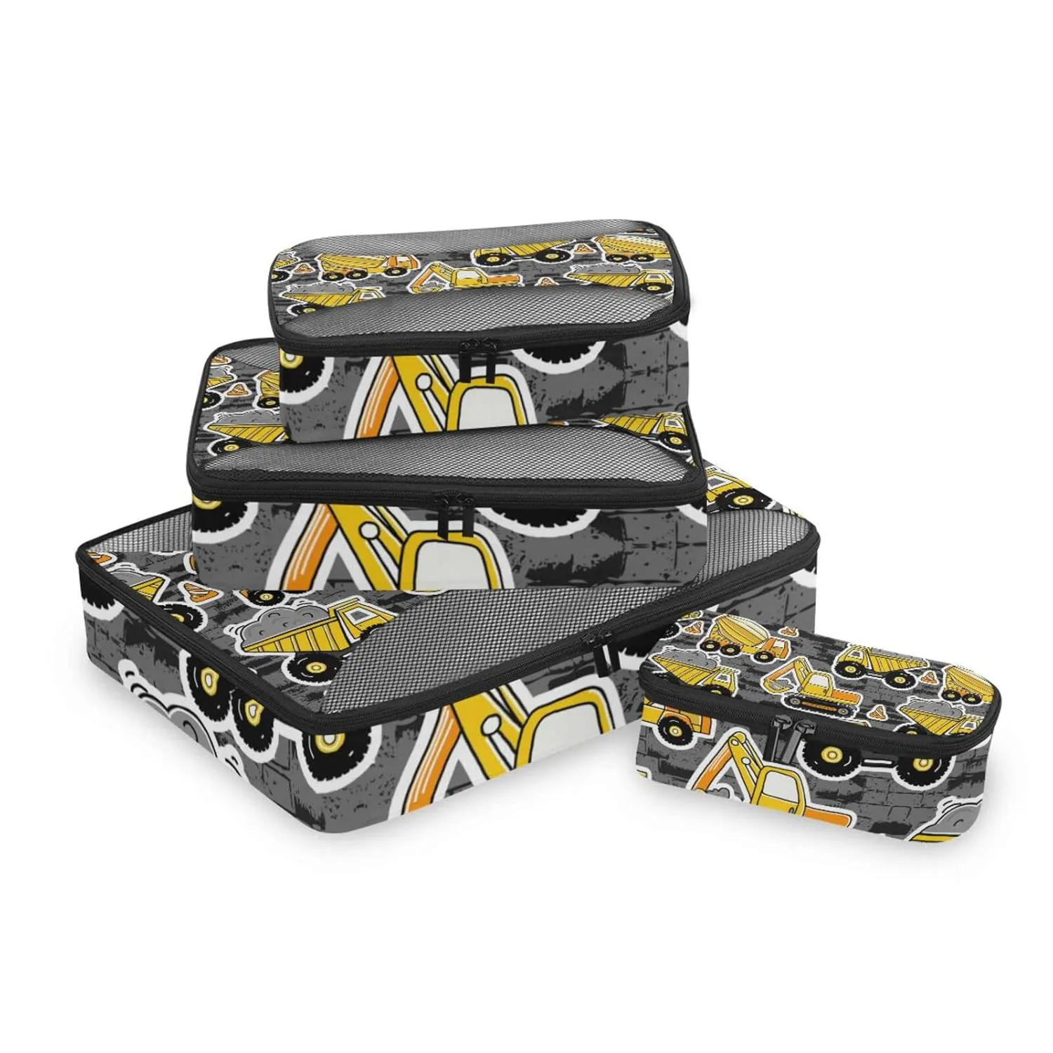 Construction Yellow Machinery with Truck Crane and Bulldozer 4 Set Packing Cubes, Travel Packing Organizers, 600D Oxford Cloth Toiletry Storage Bag, Luggage Mesh Bags for Accessories