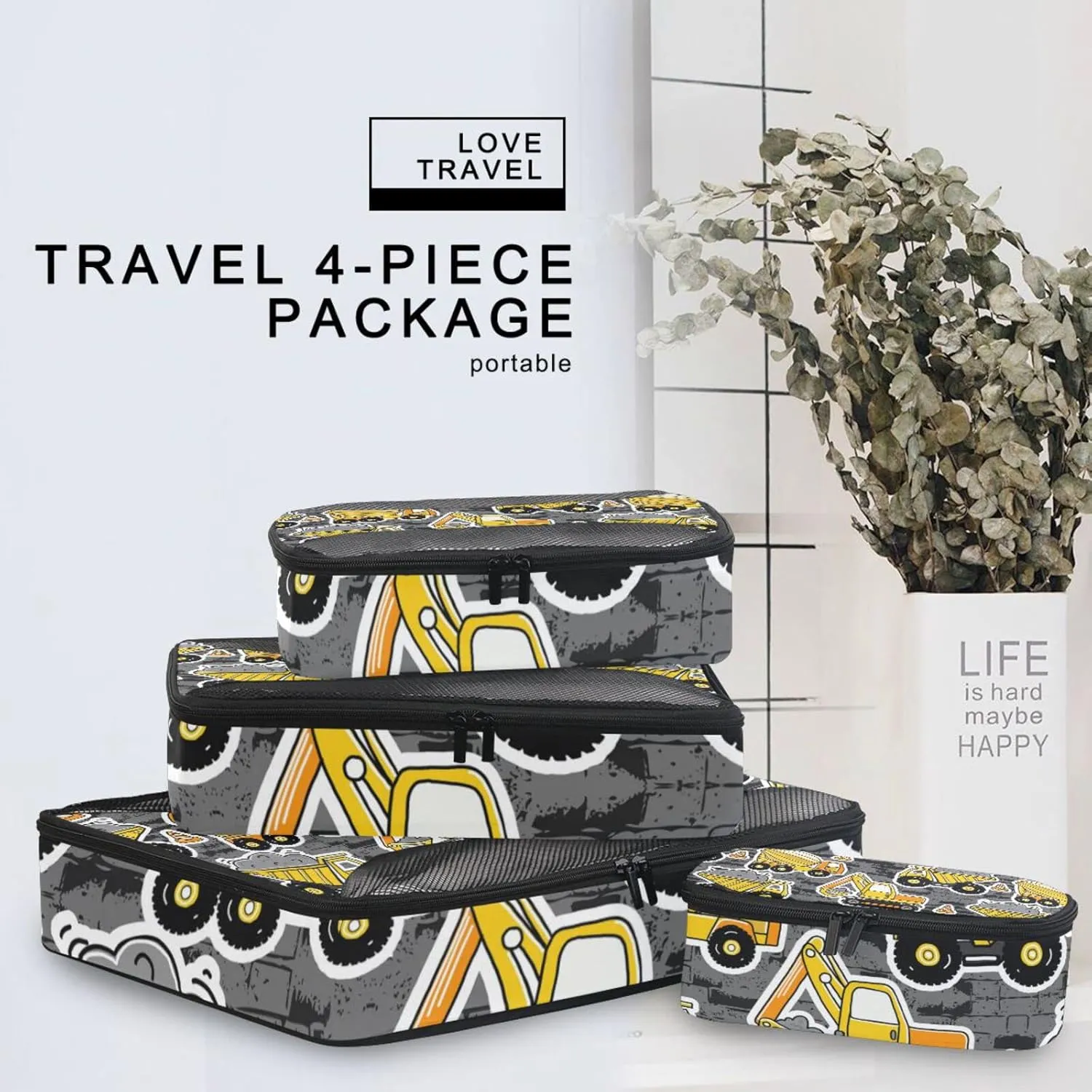 Construction Yellow Machinery with Truck Crane and Bulldozer 4 Set Packing Cubes, Travel Packing Organizers, 600D Oxford Cloth Toiletry Storage Bag, Luggage Mesh Bags for Accessories