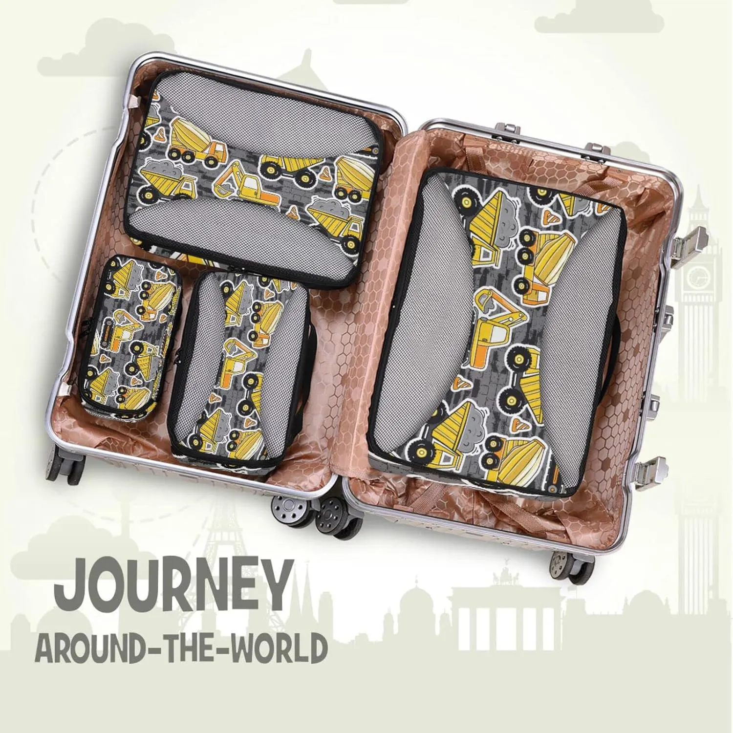 Construction Yellow Machinery with Truck Crane and Bulldozer 4 Set Packing Cubes, Travel Packing Organizers, 600D Oxford Cloth Toiletry Storage Bag, Luggage Mesh Bags for Accessories