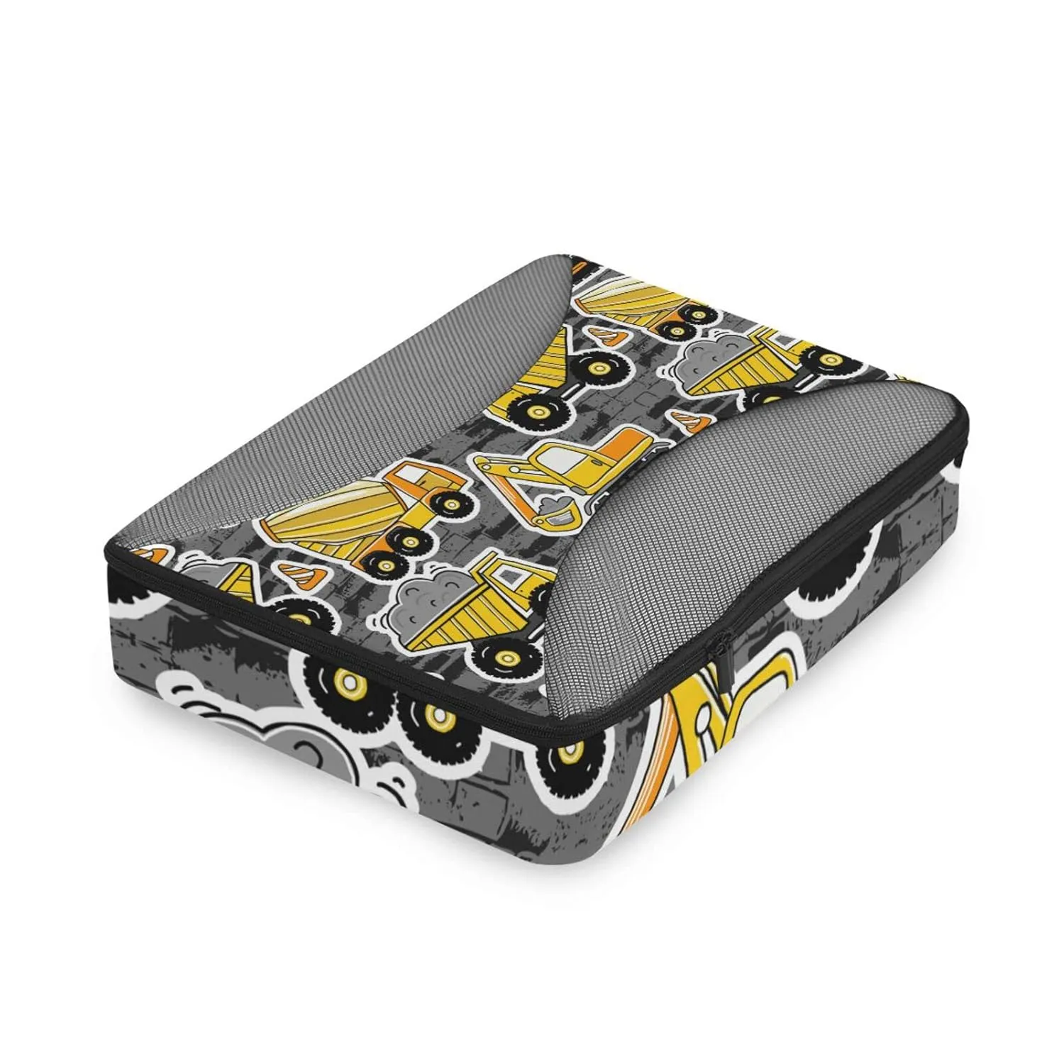 Construction Yellow Machinery with Truck Crane and Bulldozer 4 Set Packing Cubes, Travel Packing Organizers, 600D Oxford Cloth Toiletry Storage Bag, Luggage Mesh Bags for Accessories