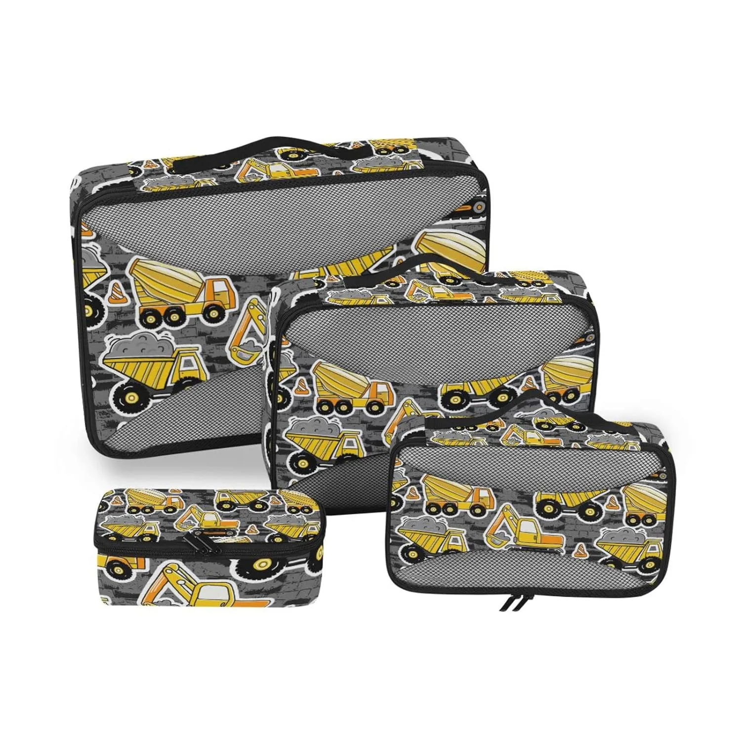 Construction Yellow Machinery with Truck Crane and Bulldozer 4 Set Packing Cubes, Travel Packing Organizers, 600D Oxford Cloth Toiletry Storage Bag, Luggage Mesh Bags for Accessories