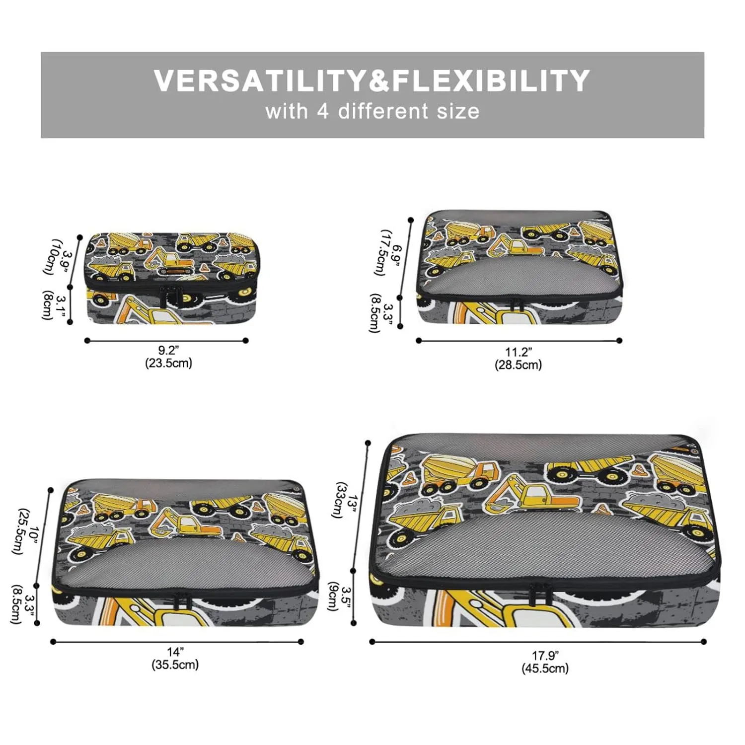 Construction Yellow Machinery with Truck Crane and Bulldozer 4 Set Packing Cubes, Travel Packing Organizers, 600D Oxford Cloth Toiletry Storage Bag, Luggage Mesh Bags for Accessories