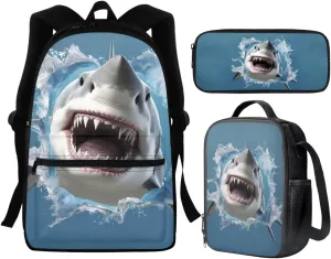 Cool Shark School Bags for Boys With Lunch Bag Pencil Case Kids Backpack Ages 5-8/8-12 Elementary School Bookbags Middle Primary Students Book Bags for 3rd/4th/5th/6th Grade