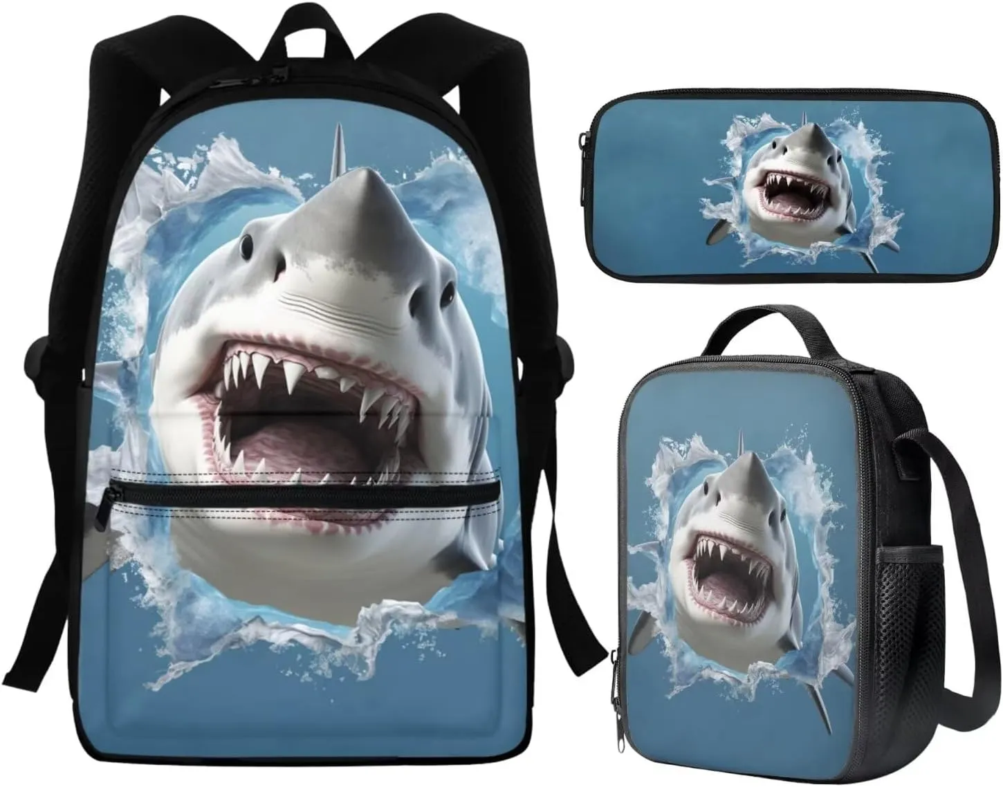 Cool Shark School Bags for Boys With Lunch Bag Pencil Case Kids Backpack Ages 5-8/8-12 Elementary School Bookbags Middle Primary Students Book Bags for 3rd/4th/5th/6th Grade