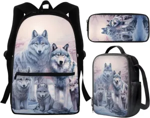 Cool Wolf School Bags Set for Boys Backpack With Lunch Box Pencil Case Elementary High Student Book Bags for Kids Teen Girls Backpacks for 2Nd/3Rd/4Th/5Th Grade Travel Daypack Shoulder Bag