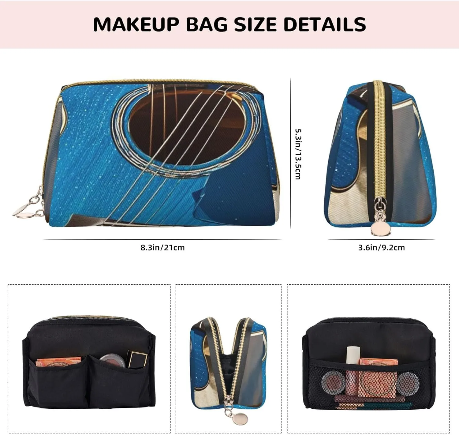 Cosmetic Bag Travel Makeup Bag Waterproof Toiletry Pouch Portable Wide Open Pouch Chickens and Farm Makeup Organizer Case Large Capacity Zipper Pouch Toiletry Bag for Women, Blue Guitar, One Size