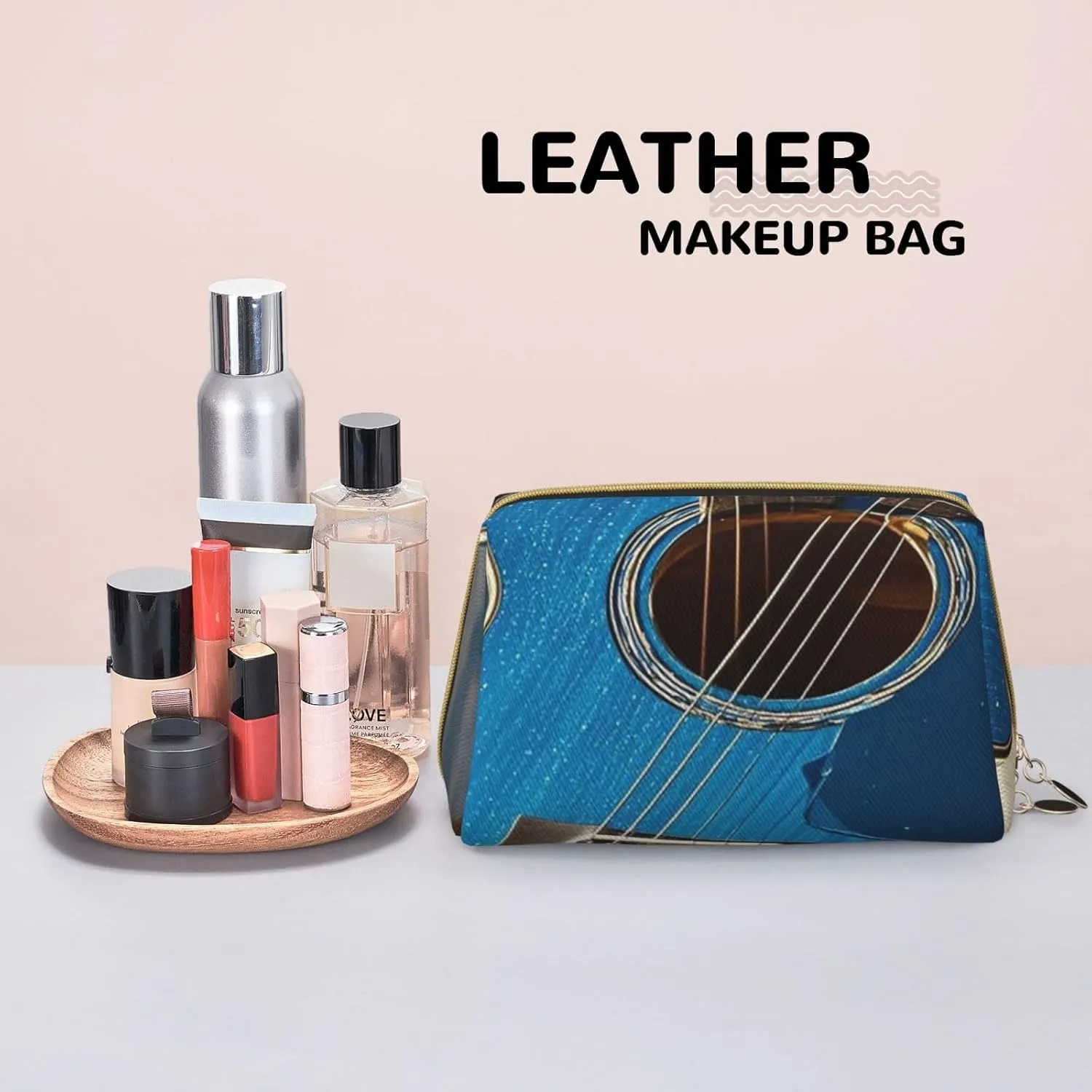 Cosmetic Bag Travel Makeup Bag Waterproof Toiletry Pouch Portable Wide Open Pouch Chickens and Farm Makeup Organizer Case Large Capacity Zipper Pouch Toiletry Bag for Women, Blue Guitar, One Size