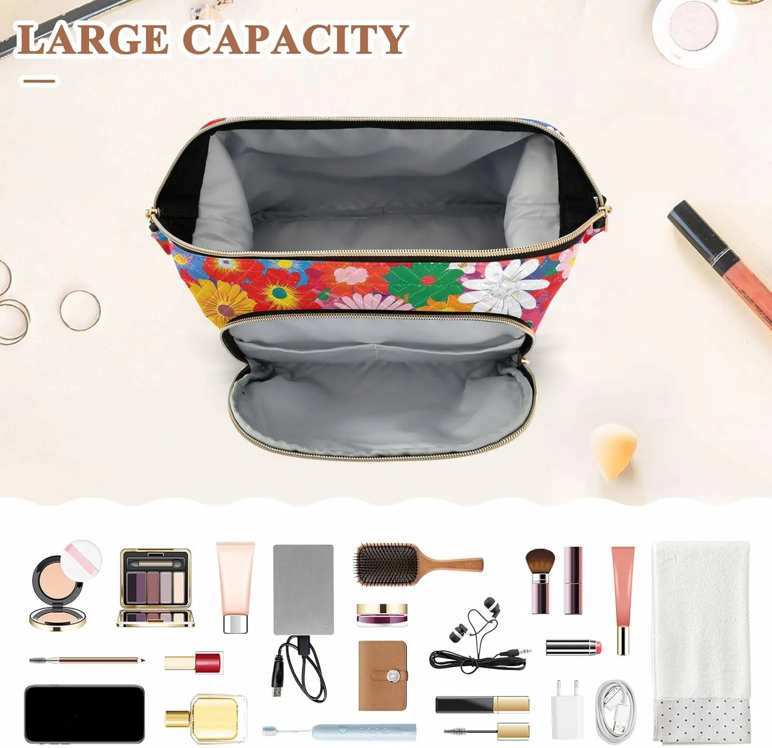 Cottage Flowers Beauty Cosmetics Bag Lightweight Capacity Travel Cosmetic Bag Women's Coin Purse Wallet for Travel Accessories
