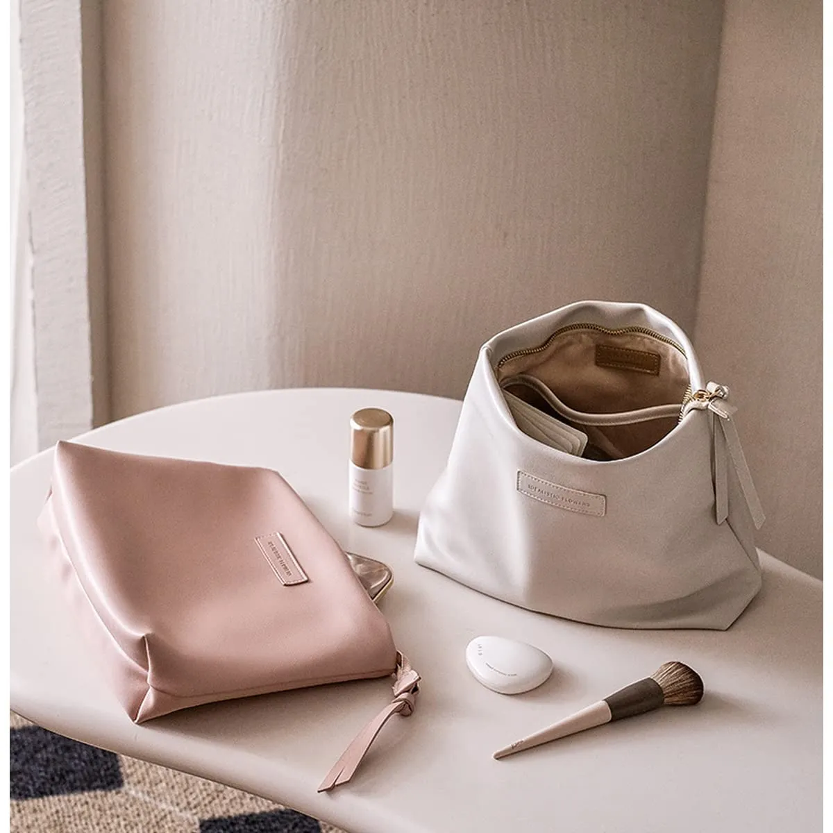 Creamy Puffer Large Capacity Travel Cosmetic Bag for Women Skincare Care with Compartments White Makeup Bag (Pink)