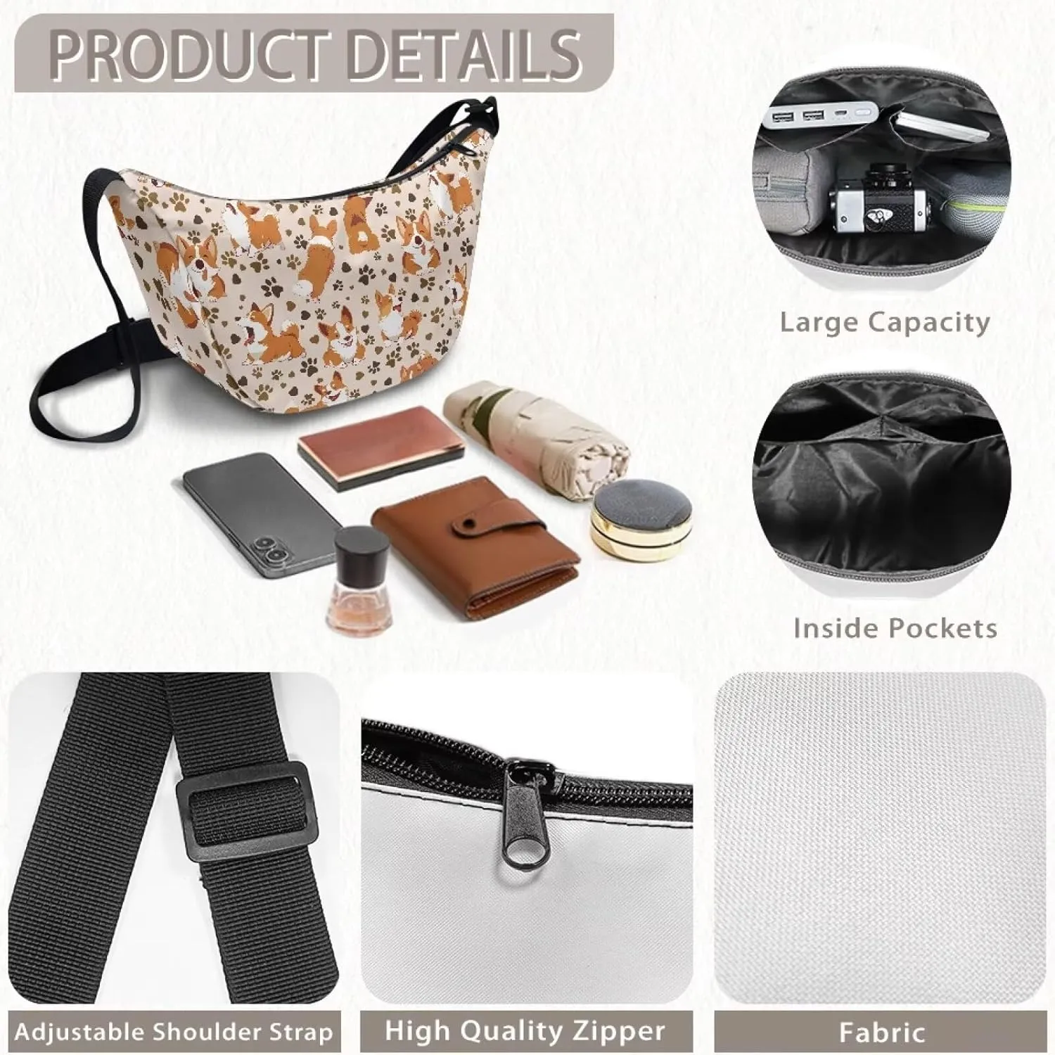 Crescent Shoulder Bags with Inside Pockets for Ladies Men Daily Use