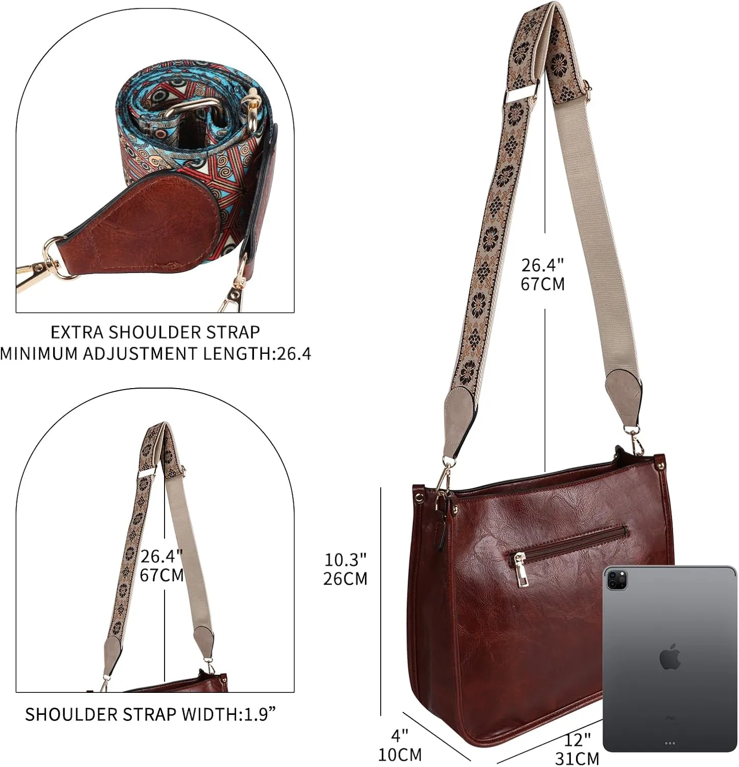 Crossbody Bags for Women Leather Hobo Handbags with 2pcs Adjustable Guitar Strap